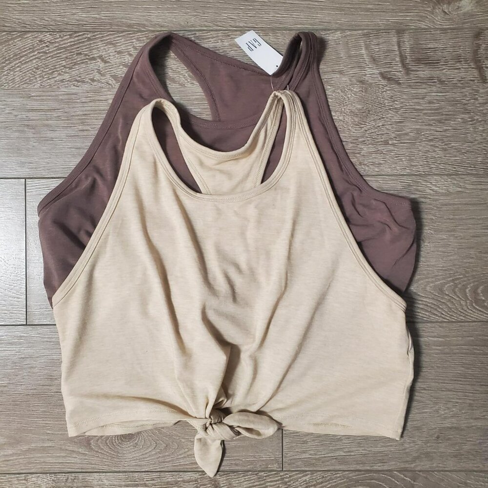 Gap Fit Breathe Tie-Front Cropped Brami Tank Top Set 2 Pack Brown & Beige Large